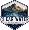 A stylized hexagonal logo or badge featuring a mountain landscape with a river, trees, and the text 'CLEAR WATER TRADING CO.' and 'EST.
