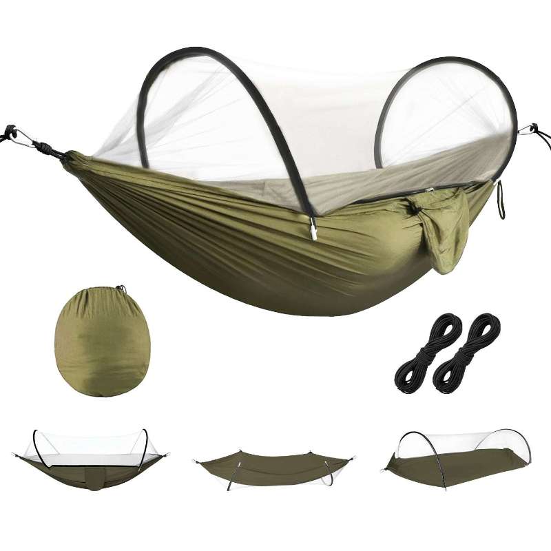 Olive camping hammock with an arched mosquito net, carry bag and suspension cords shown on a white background.