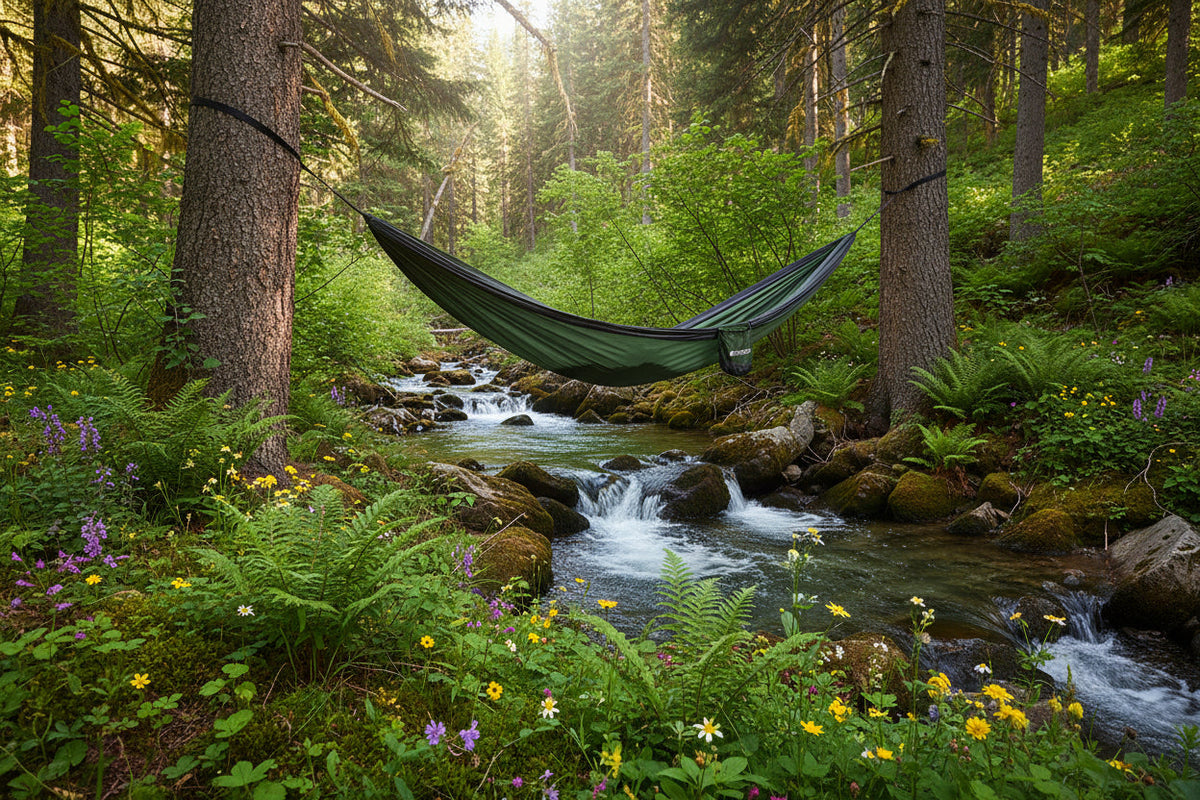 A premium green camping hammock suspended between trees over a rocky, flowing mountain creek surrounded by dense pine forest and wildflowers.
