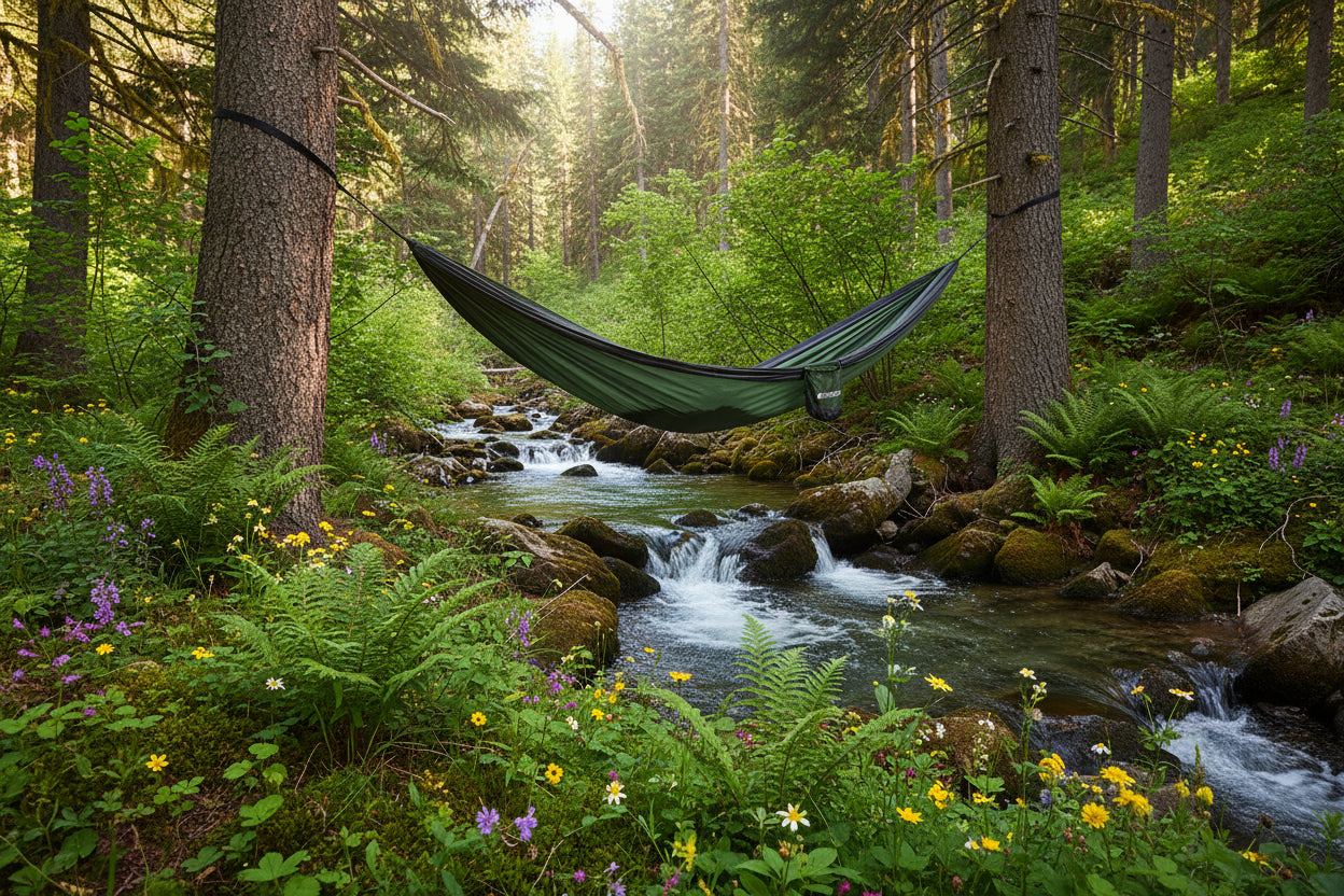 A premium green camping hammock suspended between trees over a rocky, flowing mountain creek surrounded by dense pine forest and wildflowers.
