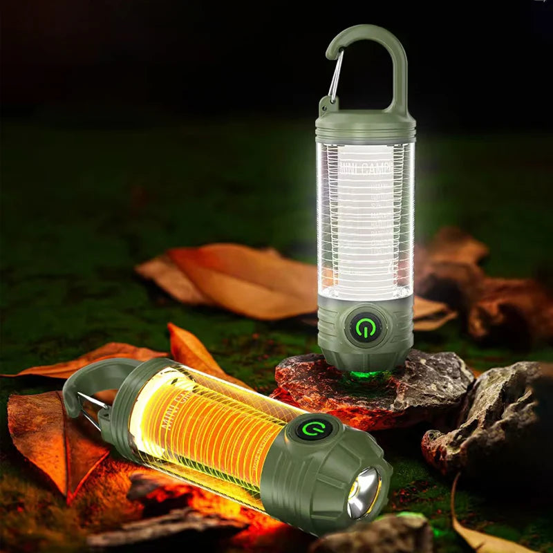 A rugged tactical backpack and heavy-duty outdoor camping gear resting on a rocky trail path winding through a dense pine forest."