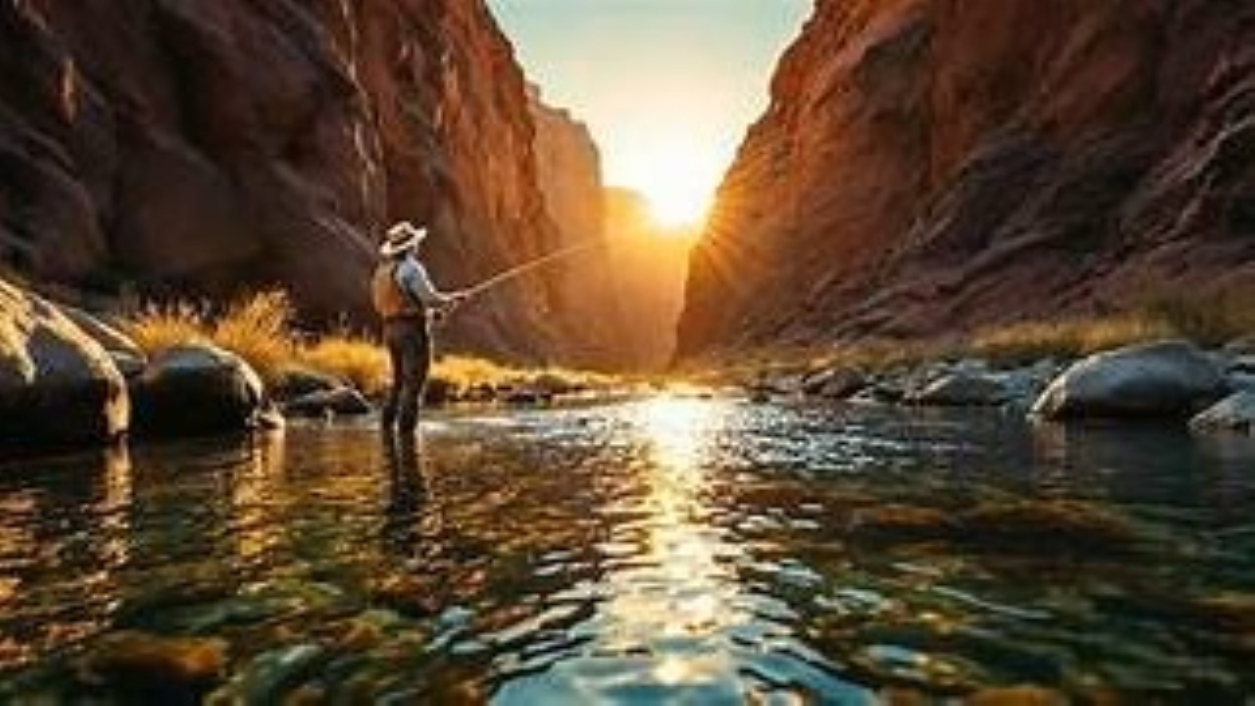 A gentleman fly fishing in the middle of a beautiful river at sunset, with golden light reflecting off the magical ripples of the water.