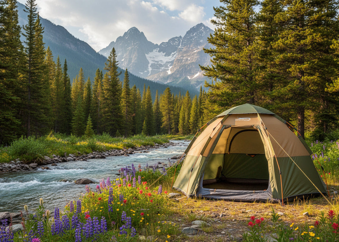 A rugged, durable dome tent set up nicely in a wilderness setting right beside a breathtaking creek
