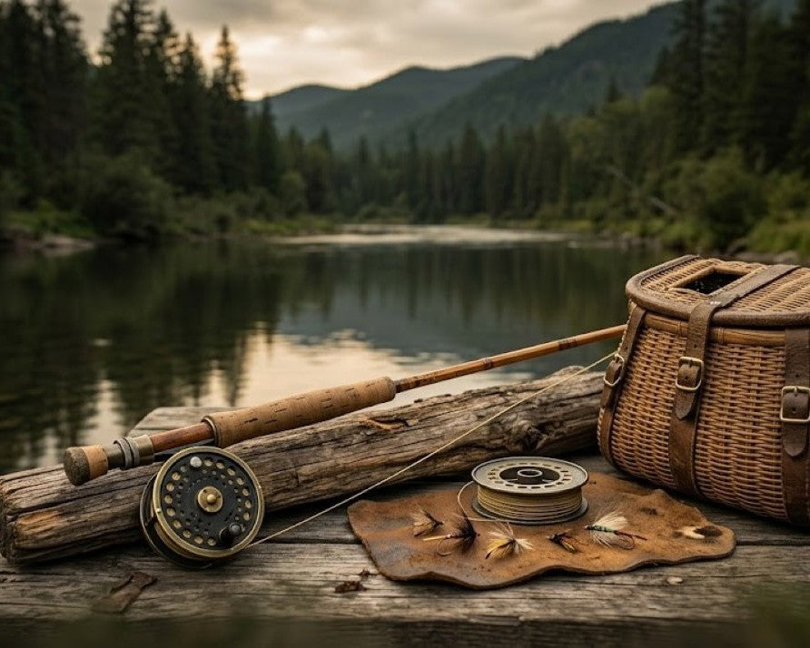 Vintage split-willow trout creel, classic wooden landing net, and premium fly rod with reel resting on a rustic wooden dock by a calm mountain lake at sunset."
