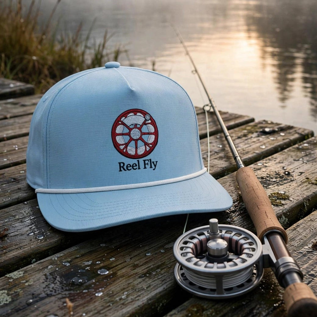 A light blue baseball cap with a red and white circular logo and the text 'Real Fly' sits on a wooden dock beside a fly fishing rod and reel, with a misty lake and forest in the background at sunrise.