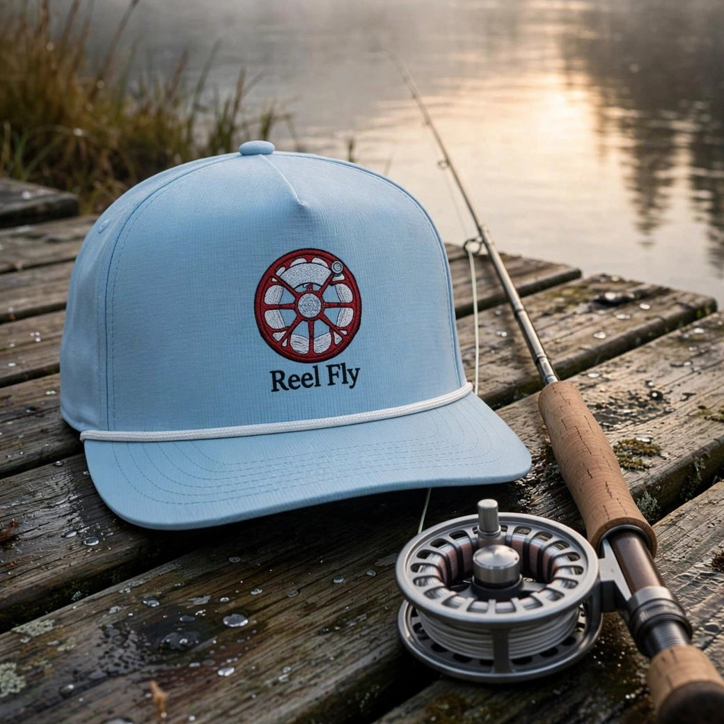 A light blue baseball cap with a red and white circular logo and the text 'Real Fly' sits on a wooden dock beside a fly fishing rod and reel, with a misty lake and forest in the background at sunrise.