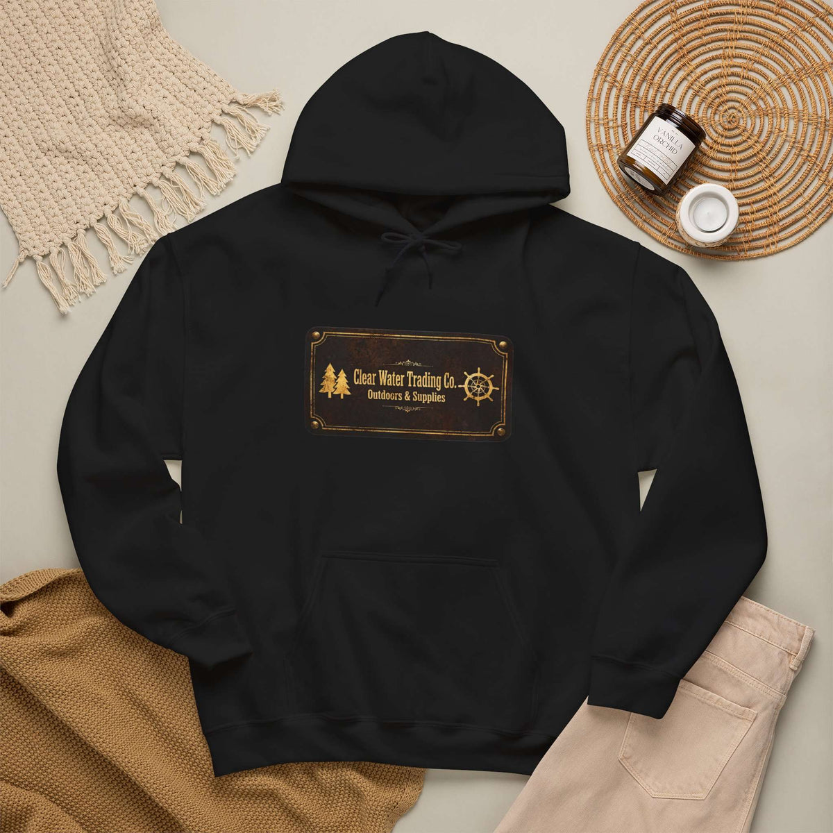 Sweat à capuche Clear Water Trading Co. Outdoors & Supplies – édition plaque vintage