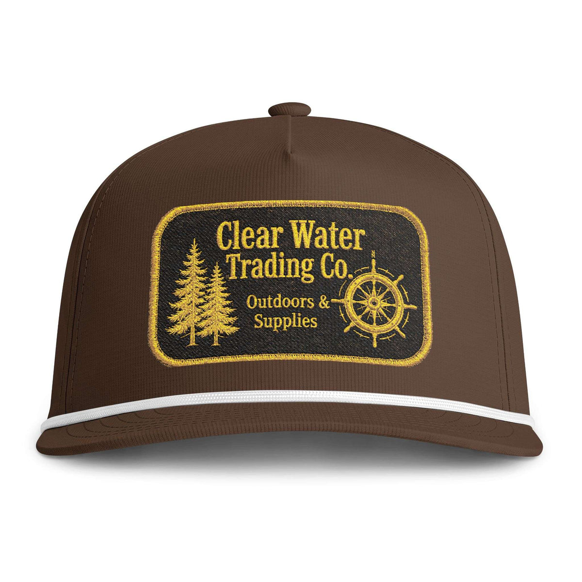 A brown snapback cap with a white stripe on the brim and a large embroidered patch on the front. The patch reads 'Clear Water Trading Co.
