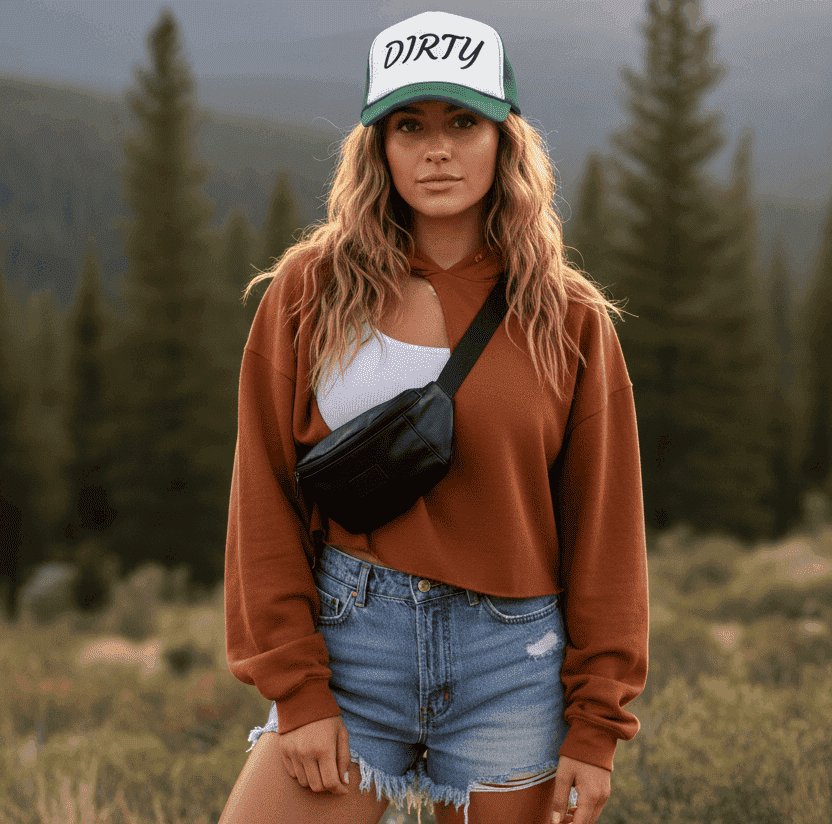 A woman standing outdoors in a mountain and forest setting, wearing a brown long-sleeve sweatshirt, denim shorts, a white tank top, a black crossbody bag, and a green and white trucker hat with the word 'DIRTY' on the front.