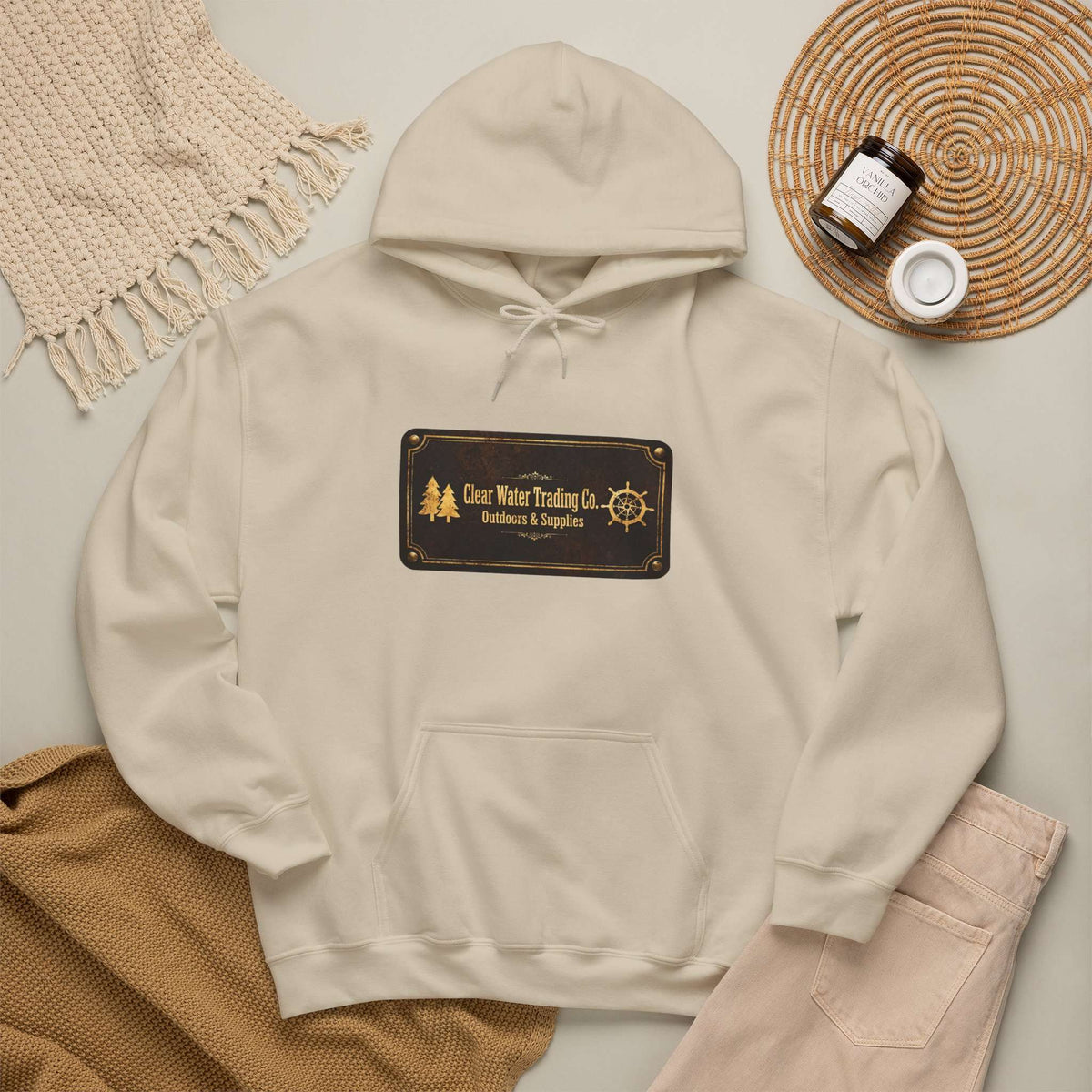 Sweat à capuche Clear Water Trading Co. Outdoors & Supplies – édition plaque vintage