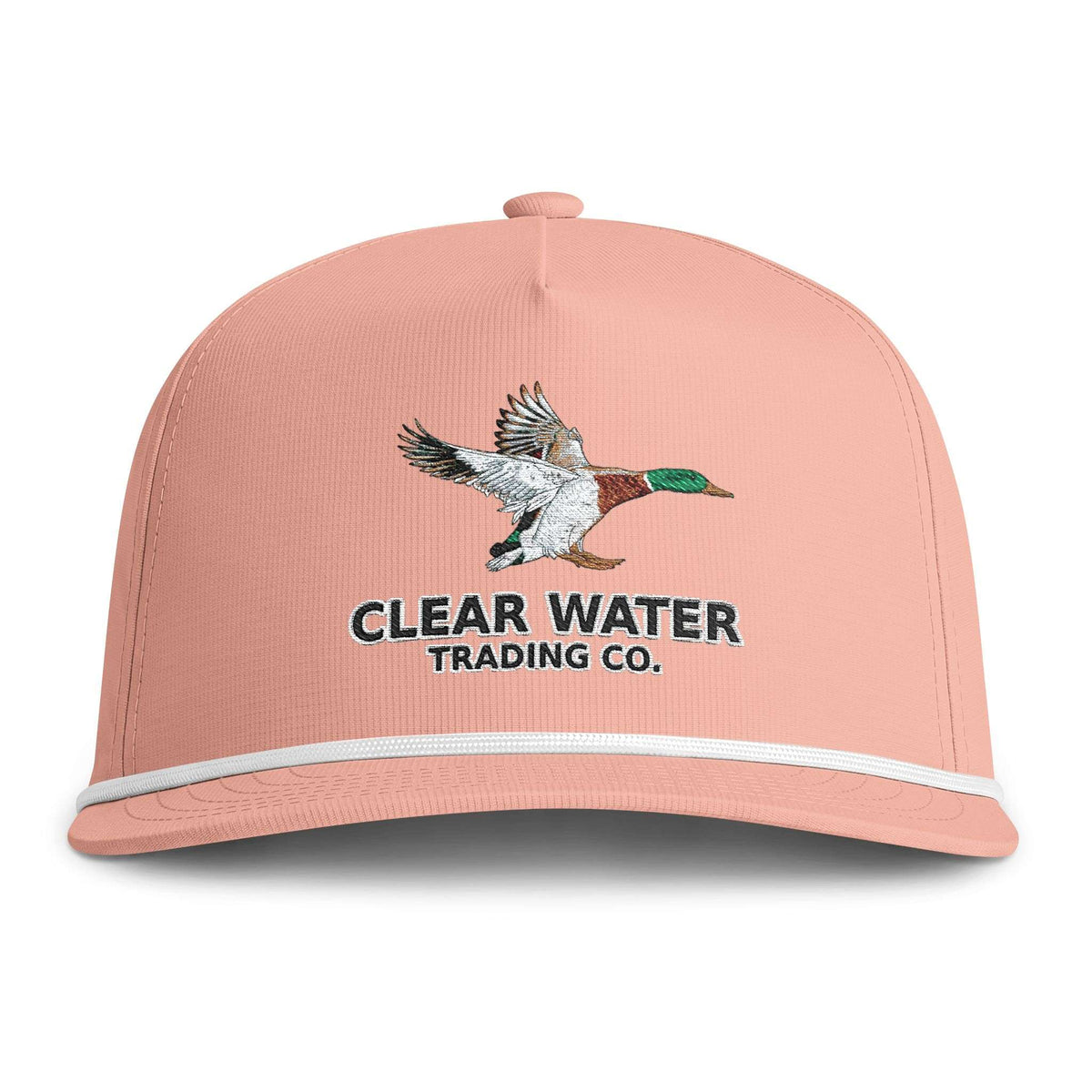 A peach-pink snapback cap featuring an embroidered mallard duck logo and the text 'CLEAR WATER TRADING CO.' on the front, with a white piping accent along the brim.