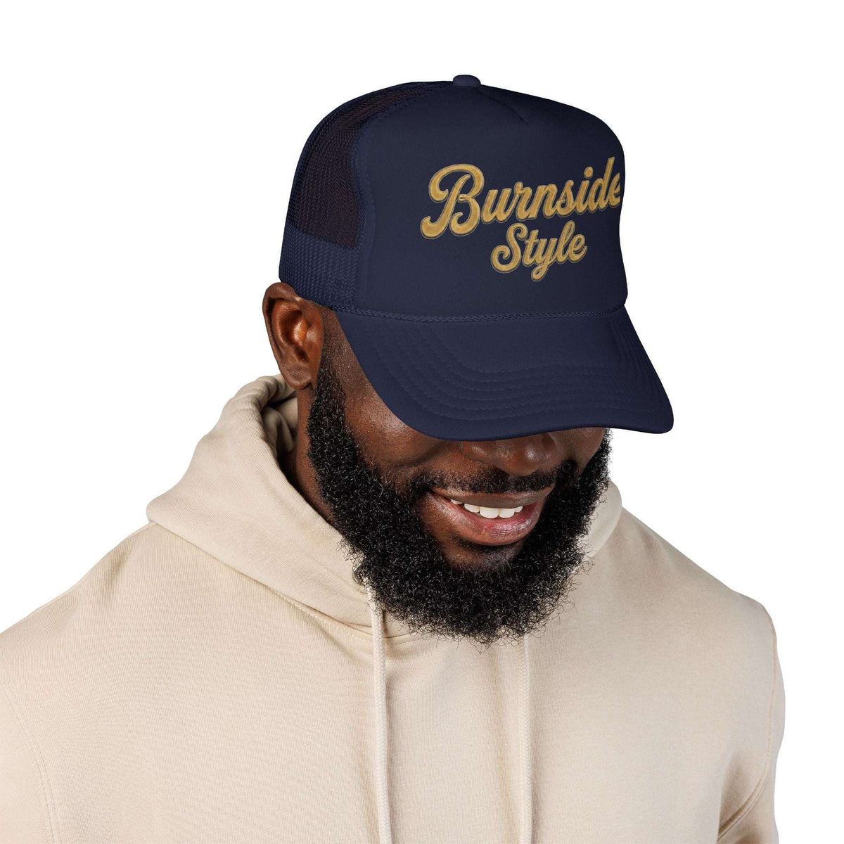 Man wearing a navy blue cap with 'TOGETHER, WE ARE AMERICA' text on a white background