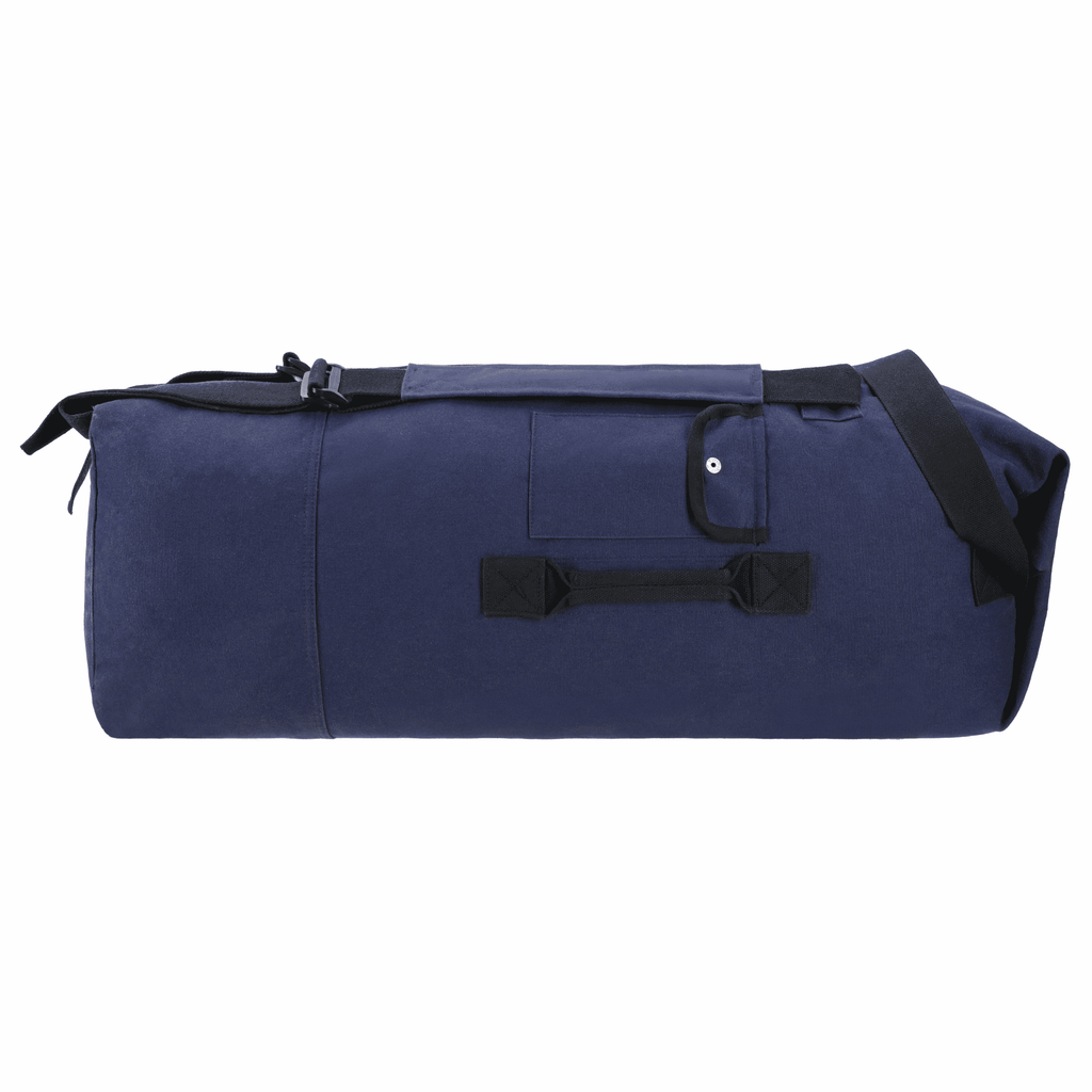 Blue duffel bag with black straps on a white background