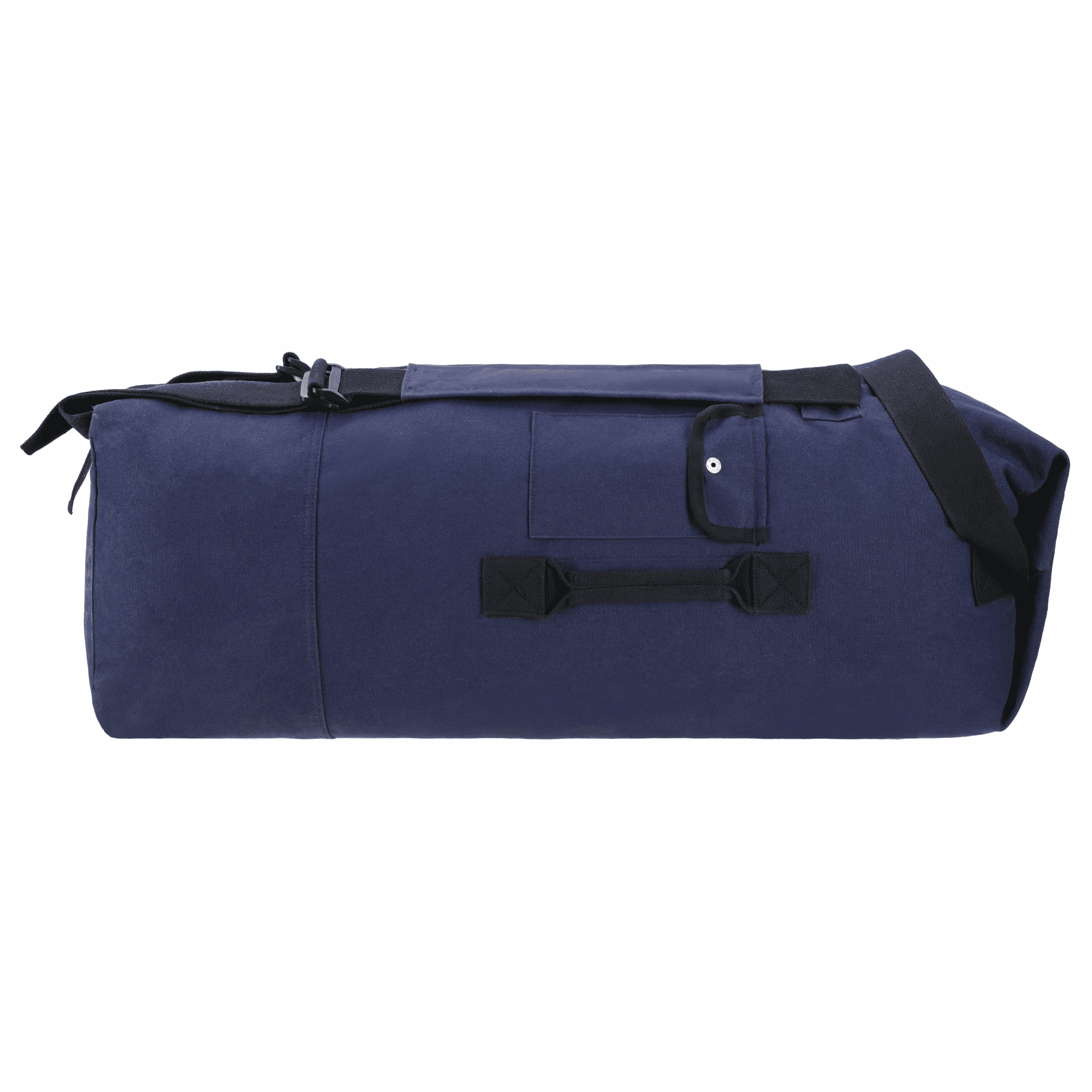 Blue duffel bag with black straps on a white background