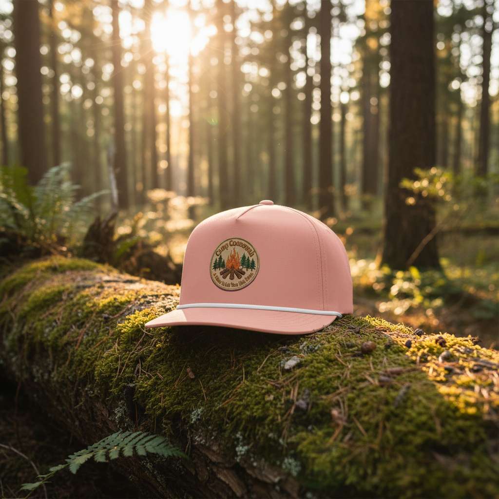 A dusty pink baseball cap with a white stripe along the edge of the brim and a circular embroidered patch on the front depicting a campfire, trees, and the text 'Camp Coomeshall' and 'A Place To Let Tour Hiking'.