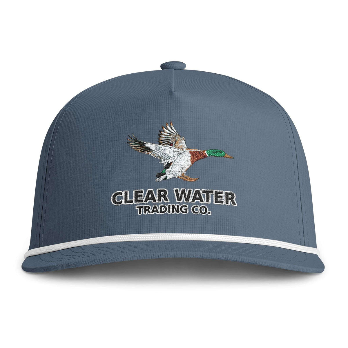 A slate blue snapback cap with a white stripe on the brim and a graphic on the front that reads 'BOUT THAT GOLF LIFE' in white and yellow.