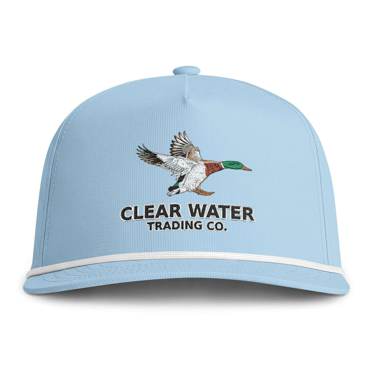 A light blue baseball cap featuring an embroidered flying mallard duck and the text 'CLEAR WATER TRADING CO.' on the front, with a white stripe along the brim.
