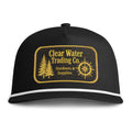 A black baseball cap with a white stripe on the brim and a gold embroidered patch on the front reading 'Clear Water Trading Co. Outdoors & Supplies' with a tree and compass design, shown on a white background.