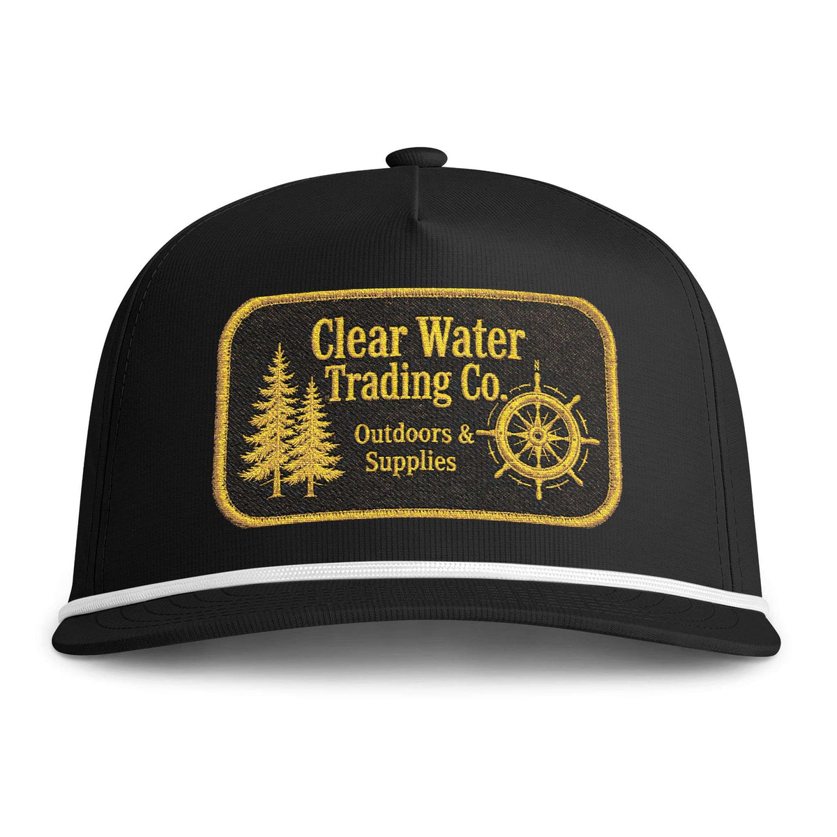 A black baseball cap with a white stripe on the brim and a gold embroidered patch on the front reading 'Clear Water Trading Co. Outdoors & Supplies' with a tree and compass design, shown on a white background.