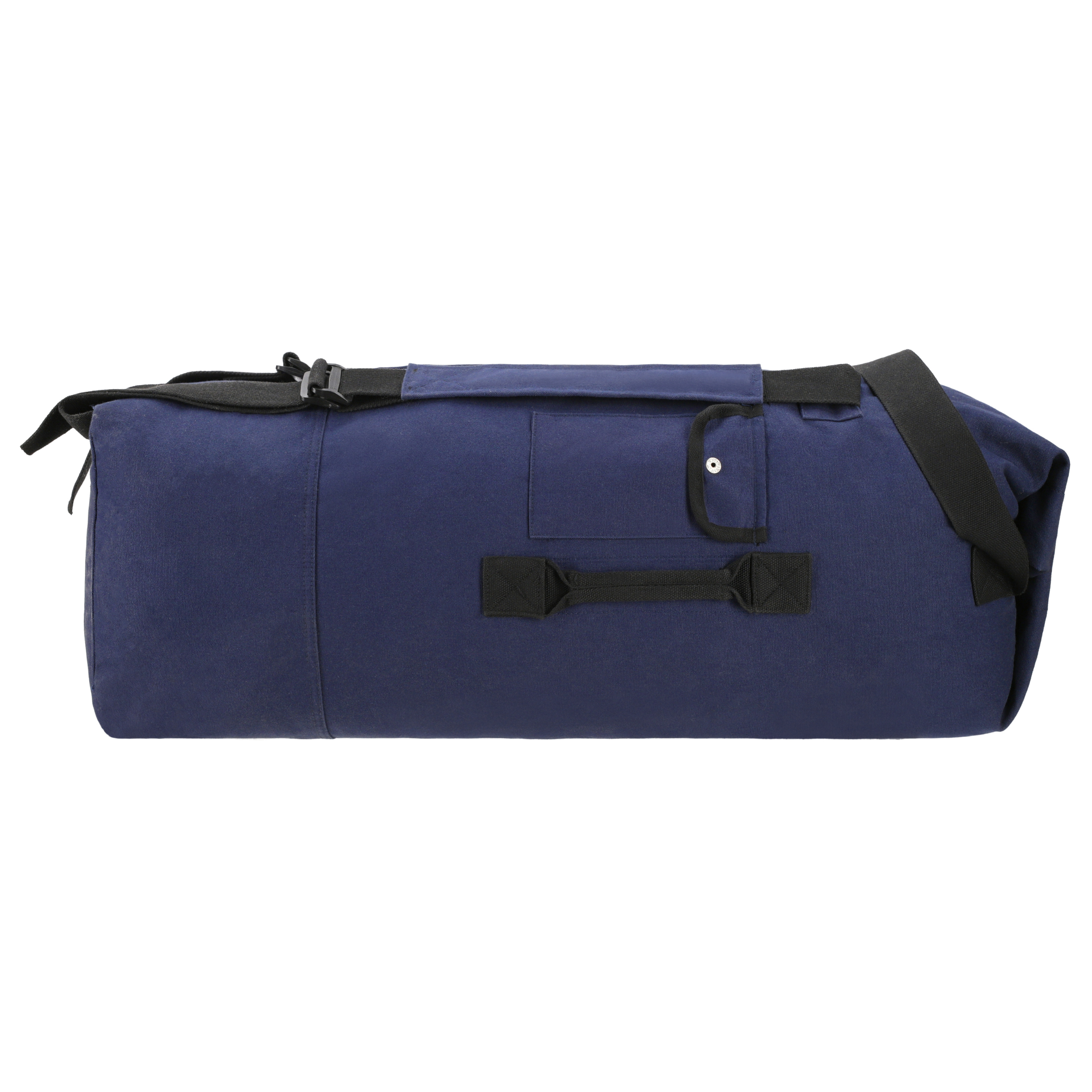Blue duffel bag with black straps on a white background