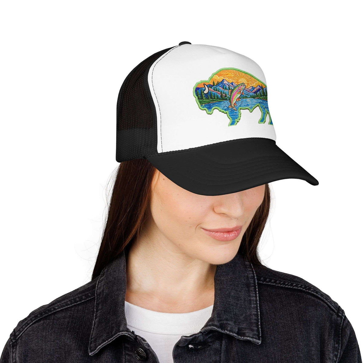 Sunset Buffalo Mountain Trucker Hat — Scenic Buffalo & Trout Patch Foam Hat