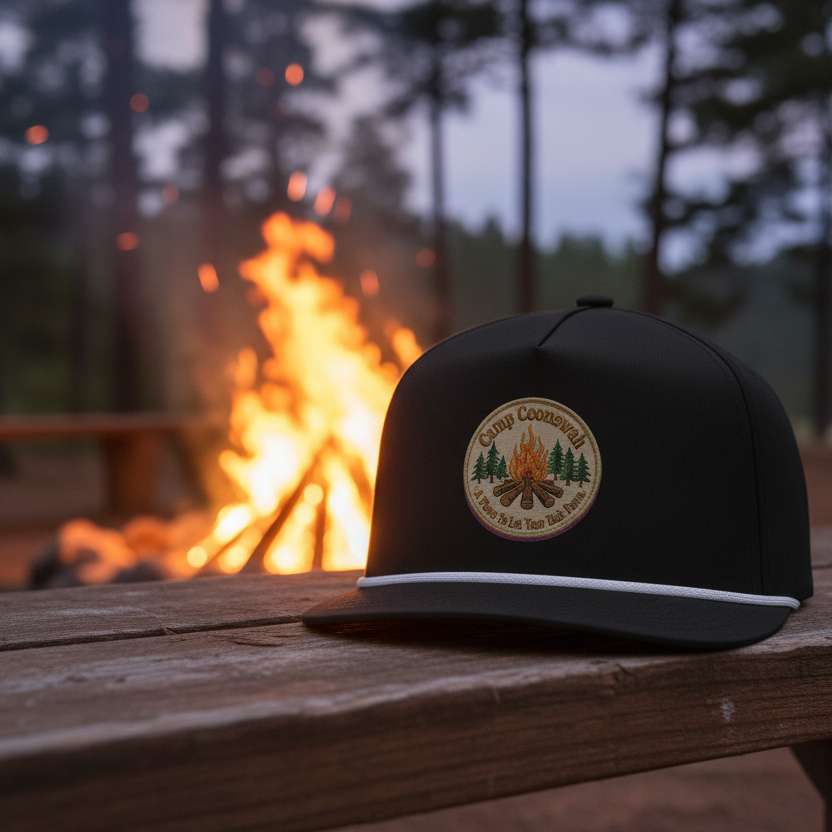 A black baseball cap with a white stripe on the brim and a circular embroidered patch on the front depicting a campfire, pine trees, and the text 'Camp Coonenh' and 'A Place To Let Tour Bids End'.