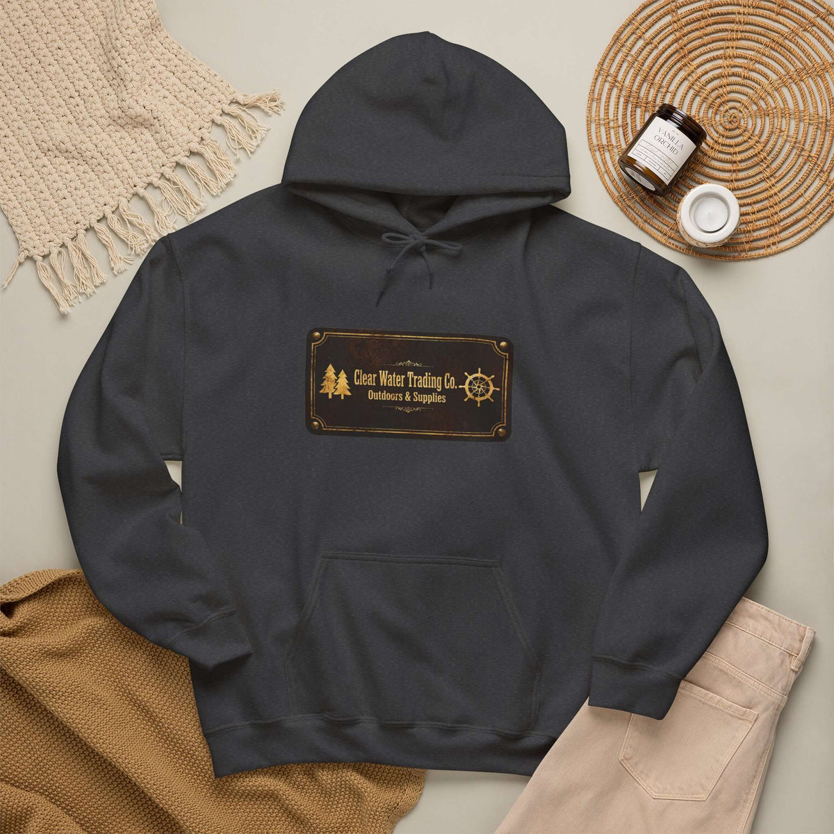 Sweat à capuche Clear Water Trading Co. Outdoors & Supplies – édition plaque vintage