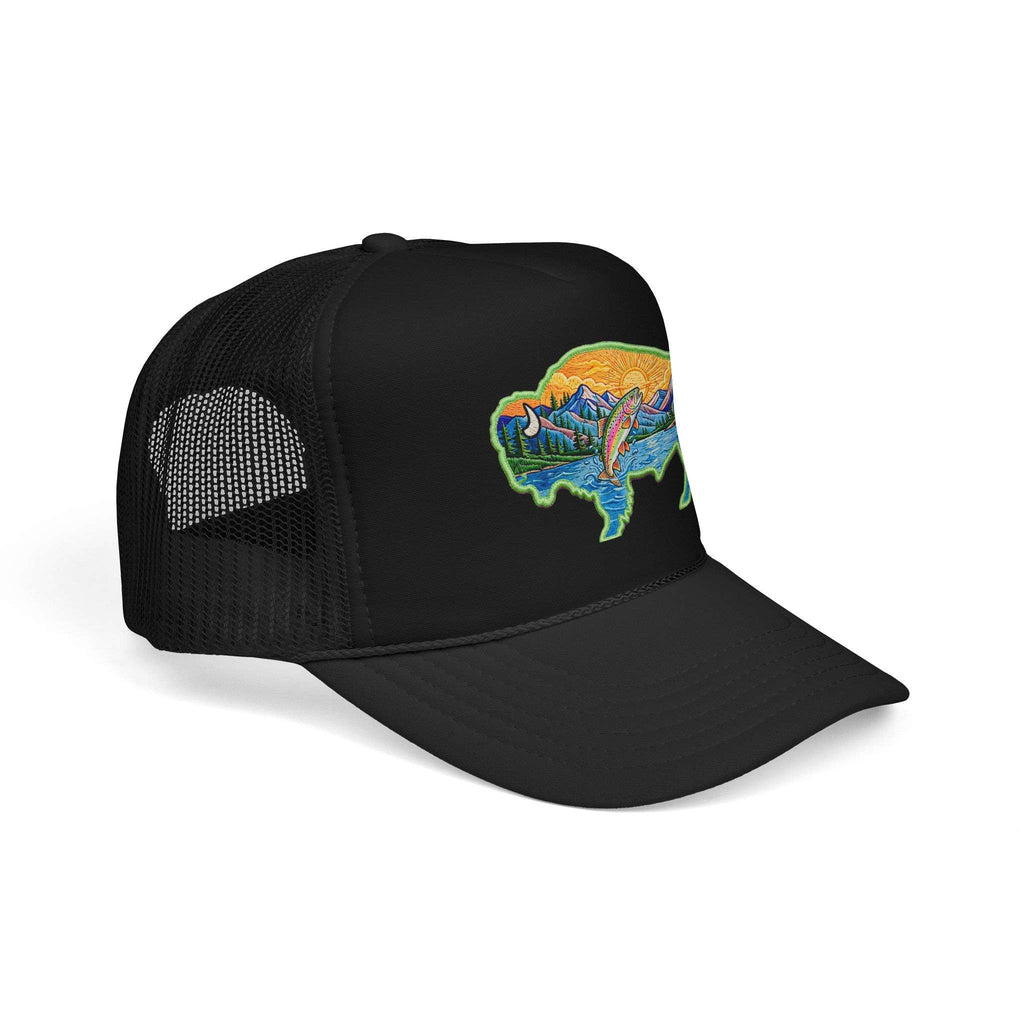 Sunset Buffalo Mountain Trucker Hat — Scenic Buffalo & Trout Patch Foam Hat