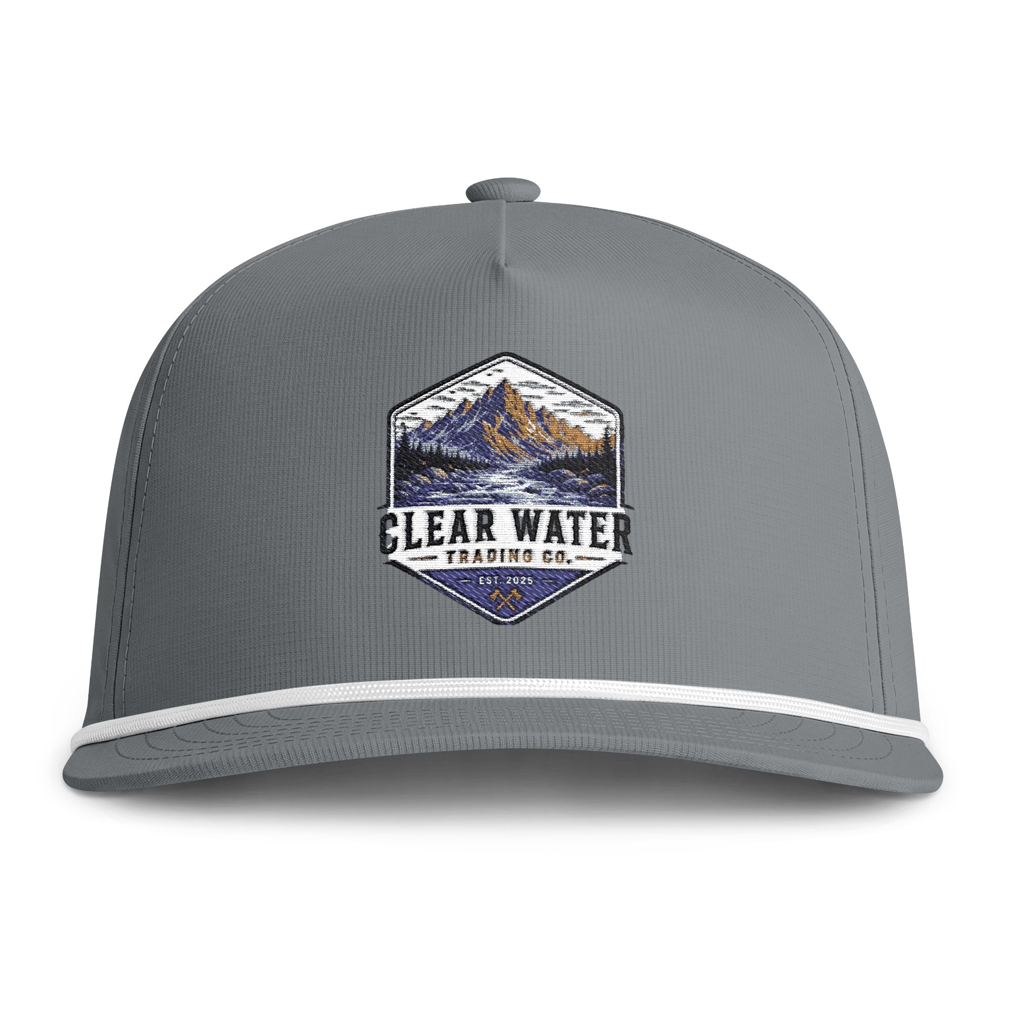 A gray snapback cap with a white stripe on the brim and a central embroidered mountain logo that reads 'Clear Water Trading Co.' on a white background.