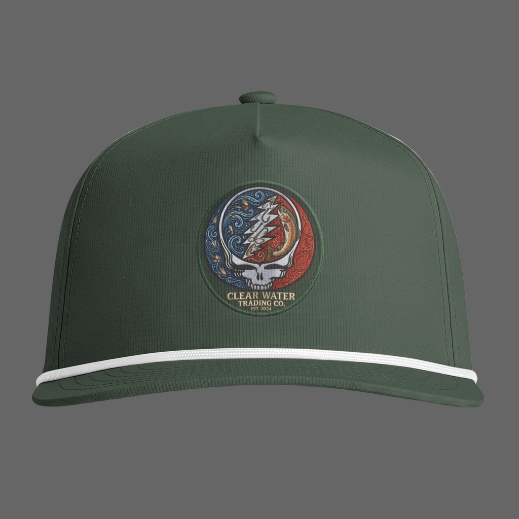 Green cap with a colorful logo and 'Clear Water Trading Co.' text on a white background