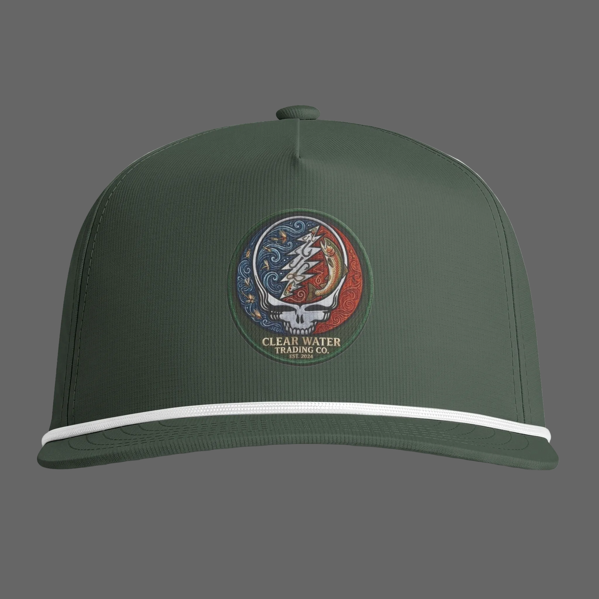 Green cap with a colorful logo and 'Clear Water Trading Co.' text on a white background