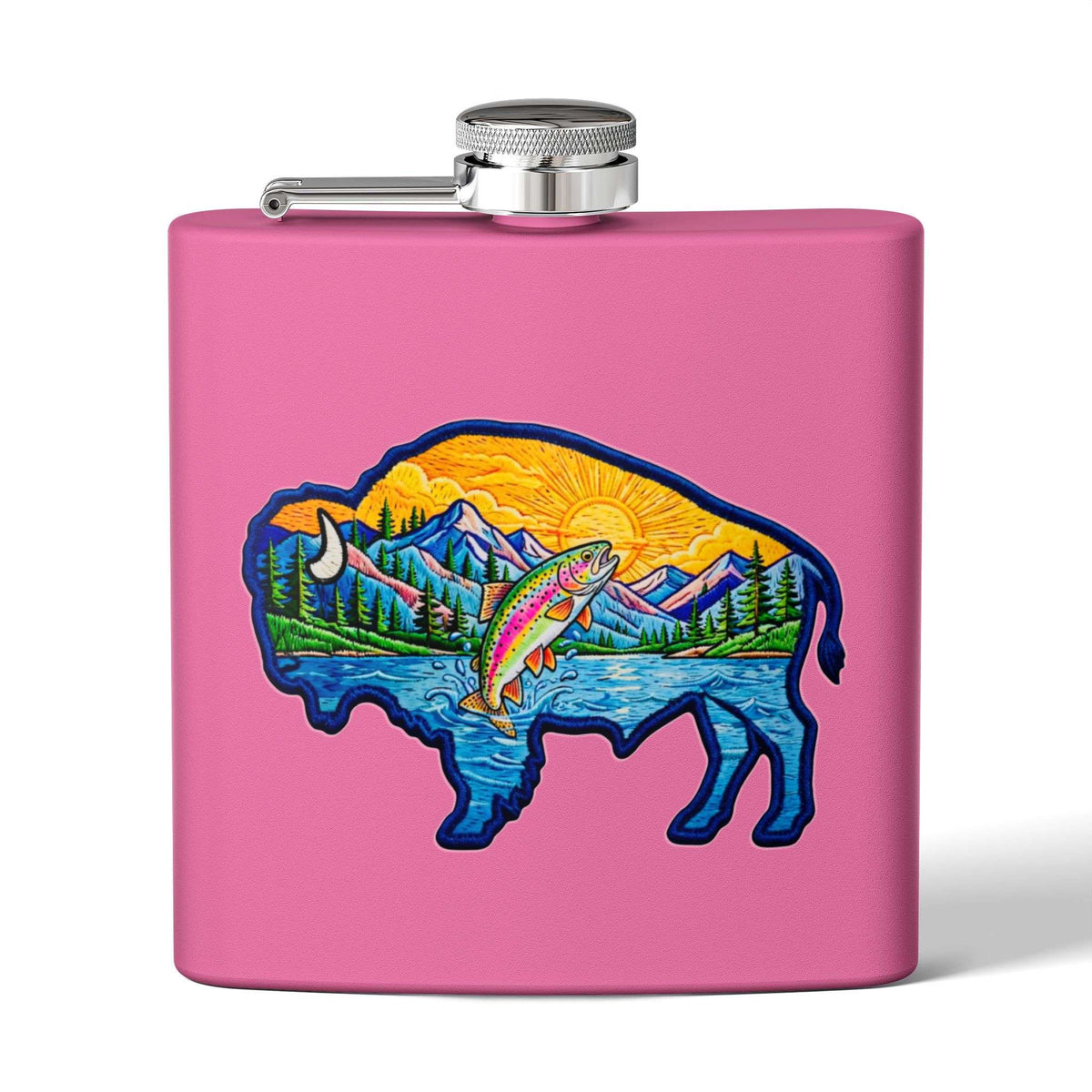 Flasque en acier inoxydable de 177 ml ornée d’un motif de buffle, de pêche et d’aventure en montagne