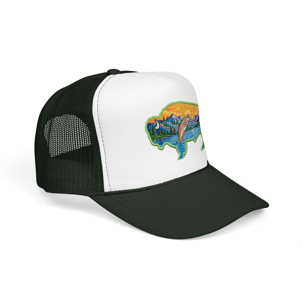 Sunset Buffalo Mountain Trucker Hat — Scenic Buffalo & Trout Patch Foam Hat