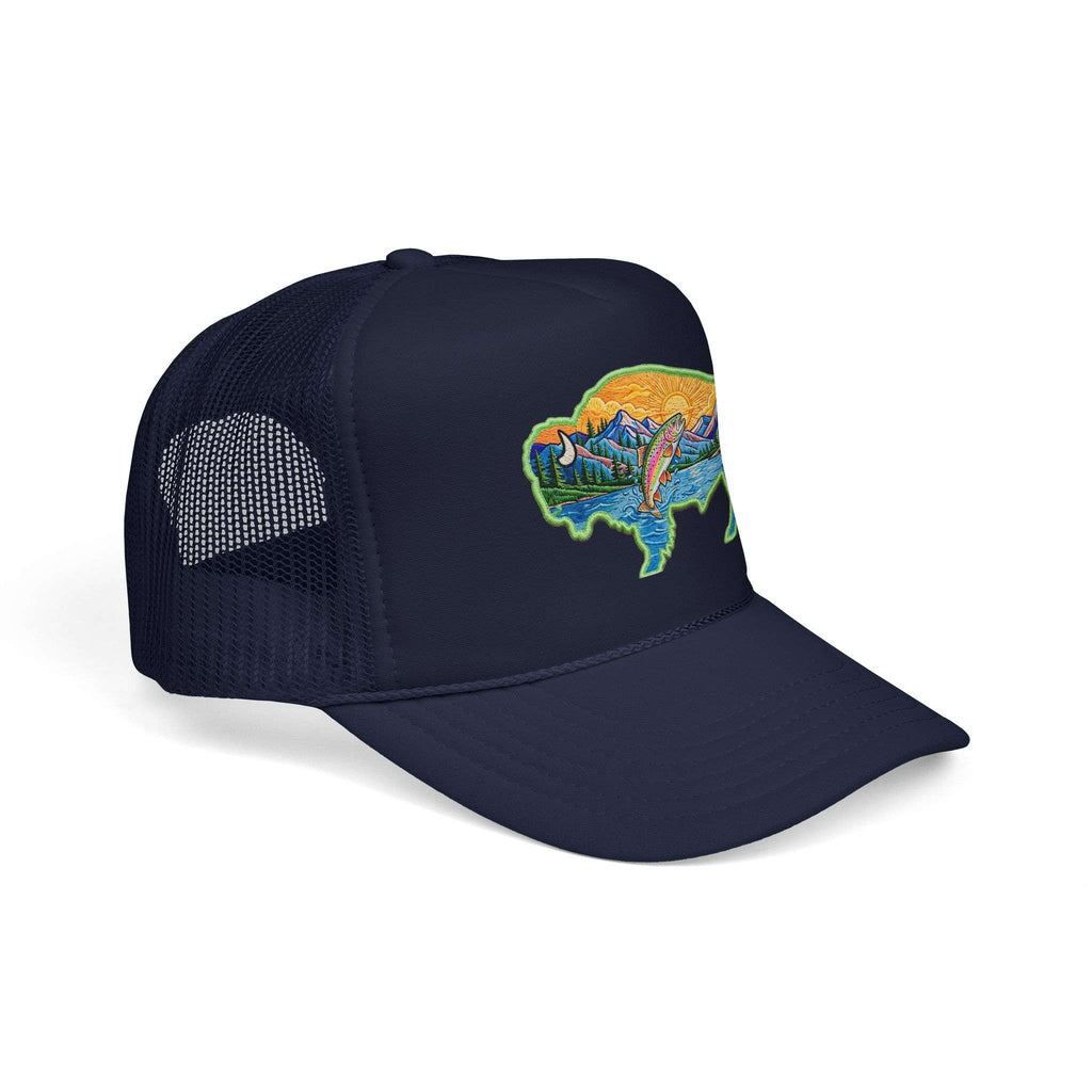 Sunset Buffalo Mountain Trucker Hat — Scenic Buffalo & Trout Patch Foam Hat