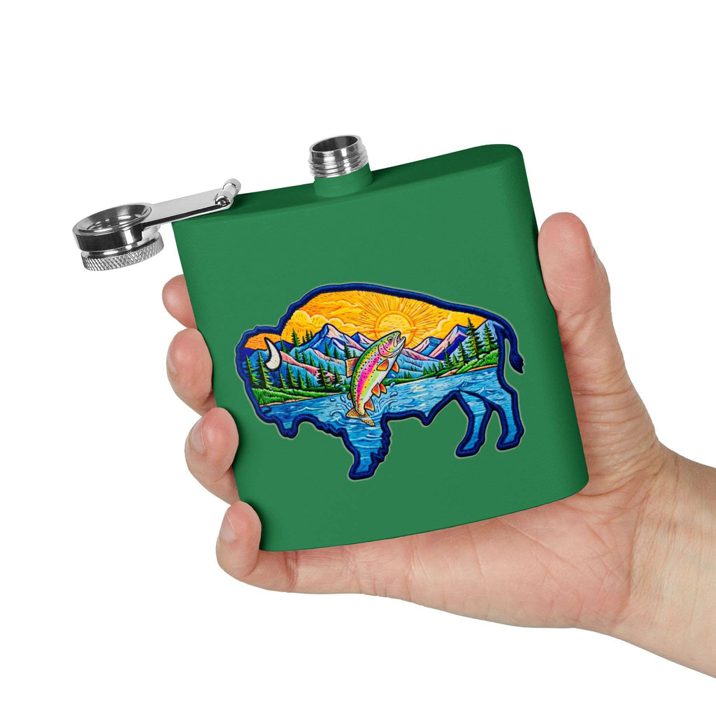Flasque en acier inoxydable de 177 ml ornée d’un motif de buffle, de pêche et d’aventure en montagne
