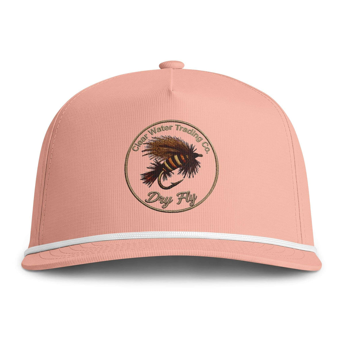 A light pink snapback cap with a white stripe along the brim and a circular embroidered logo on the front. The logo features a fly fishing hook with feathers and the text 'Chest Water Trading Co.