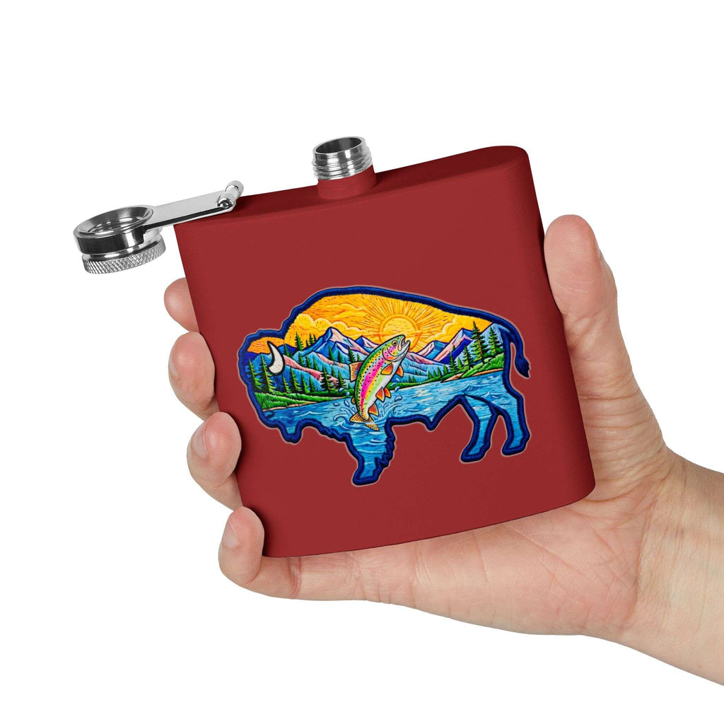 Flasque en acier inoxydable de 177 ml ornée d’un motif de buffle, de pêche et d’aventure en montagne