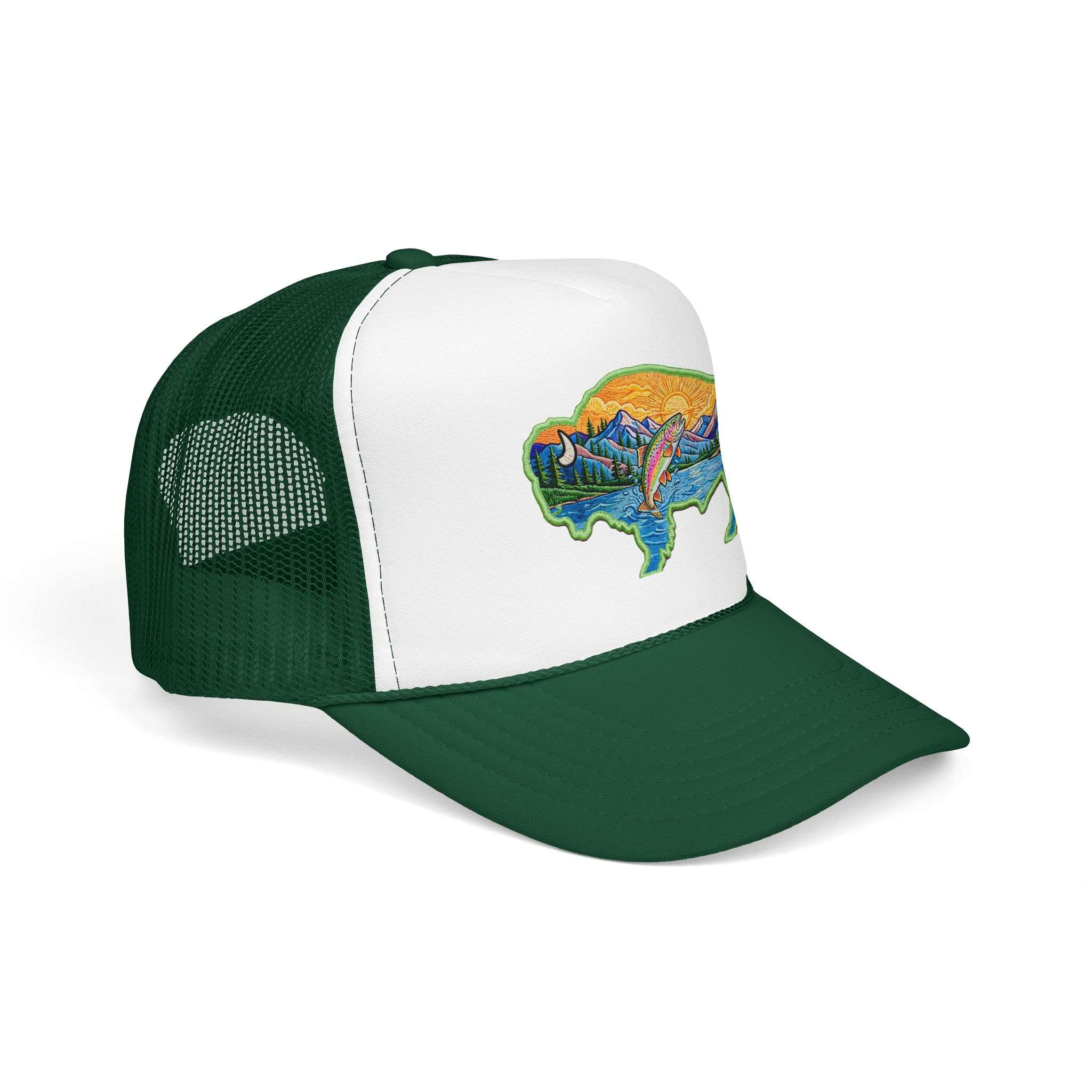 Sunset Buffalo Mountain Trucker Hat — Scenic Buffalo & Trout Patch Foam Hat