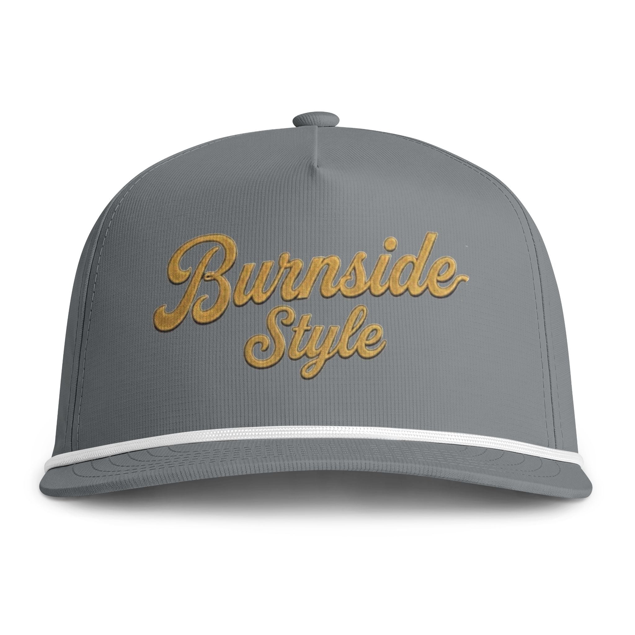 A gray snapback cap with 'Burnside Style' embroidered in gold cursive on the front, featuring a white stripe along the edge of the curved brim.
