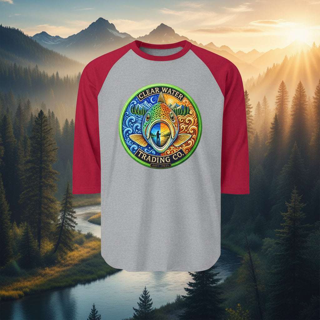 Clear Water Trading Co. — Premium Trout Badge 3/4 Sleeve Raglan - Clear Water Trading Co.