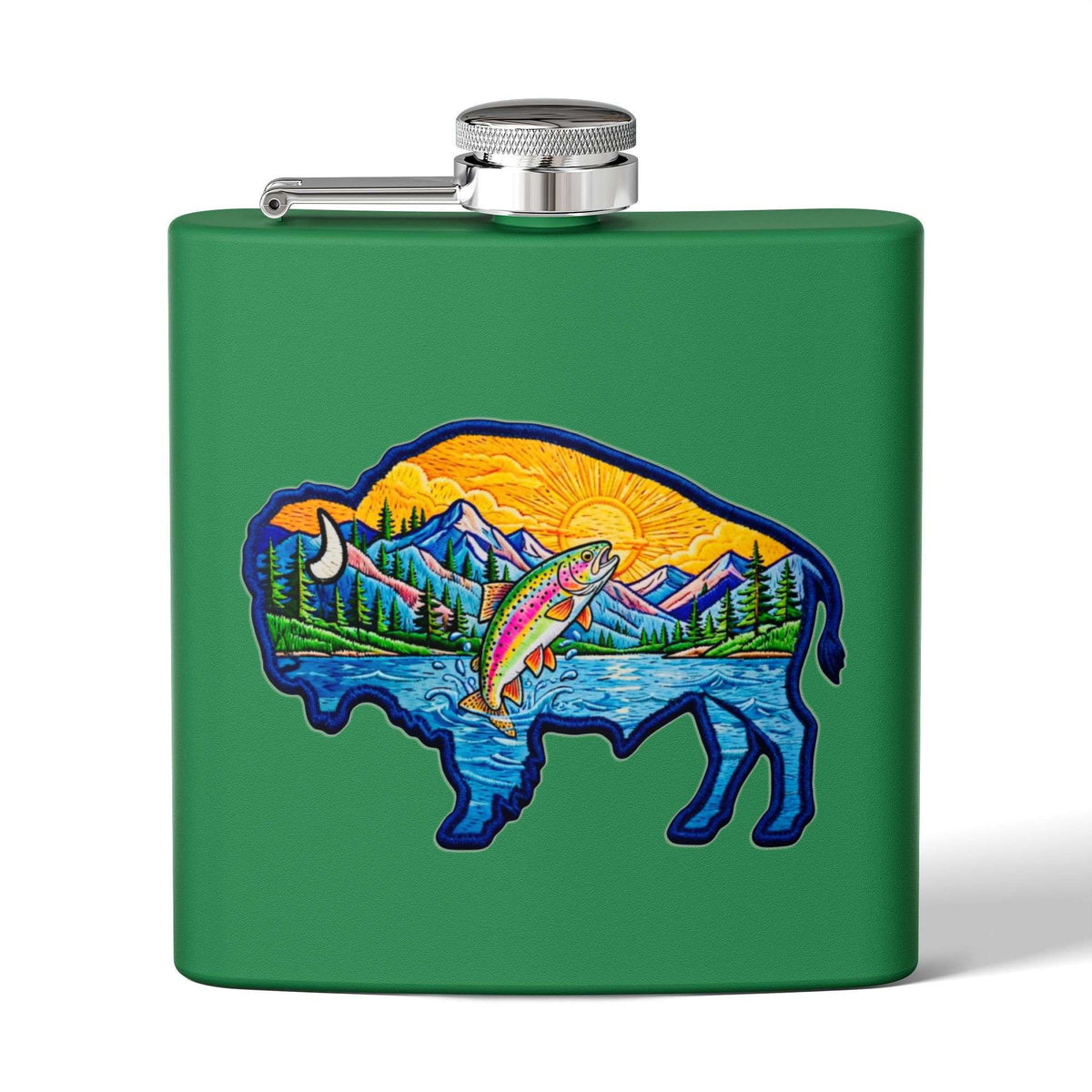 Flasque en acier inoxydable de 177 ml ornée d’un motif de buffle, de pêche et d’aventure en montagne