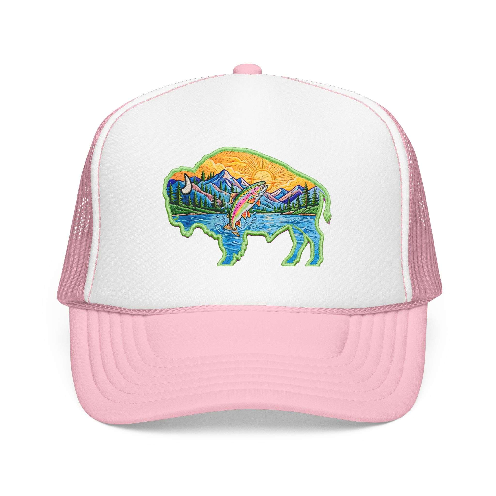 Sunset Buffalo Mountain Trucker Hat — Scenic Buffalo & Trout Patch Foam Hat
