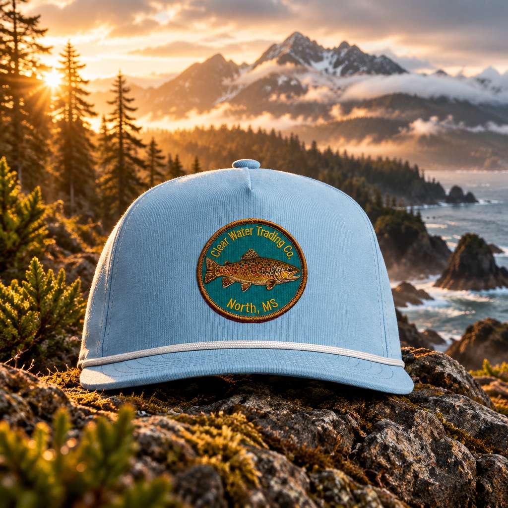 A light blue baseball cap with a white stripe along the brim and a circular embroidered patch on the front featuring a trout and the text 'Clear Water Trading Co. North, MS'.