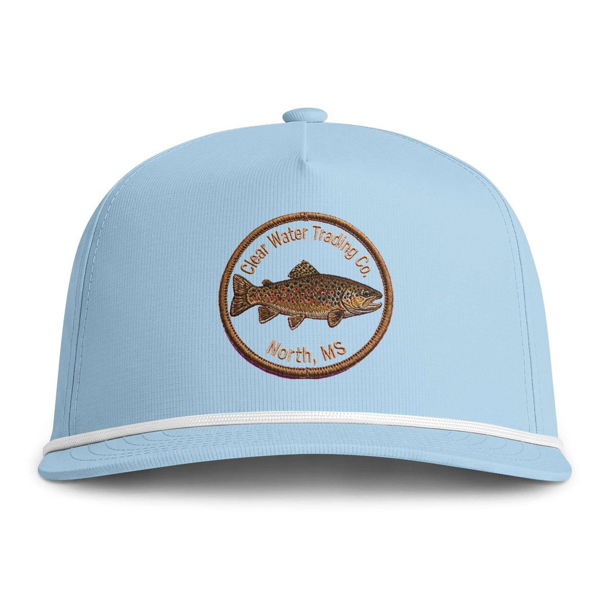 A light blue snapback cap featuring a circular embroidered patch on the front with a trout and the text 'Clear Water Trading Co. North, MS'.