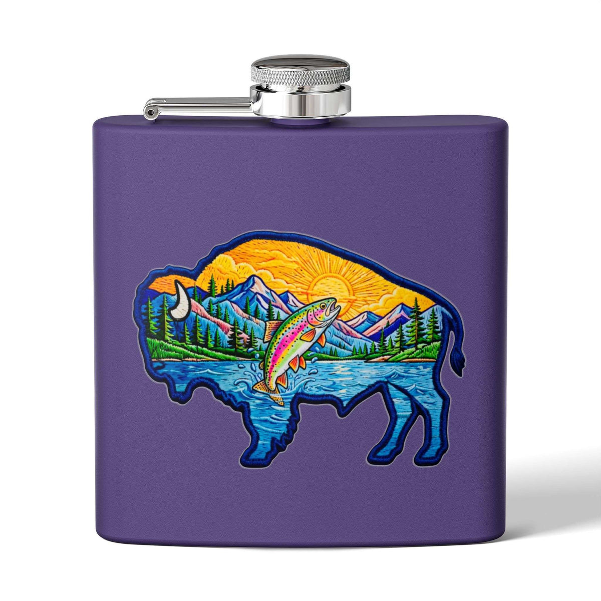 Flasque en acier inoxydable de 177 ml ornée d’un motif de buffle, de pêche et d’aventure en montagne