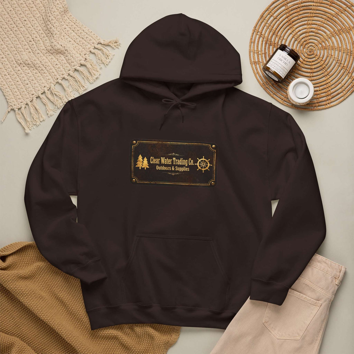 Sweat à capuche Clear Water Trading Co. Outdoors & Supplies – édition plaque vintage