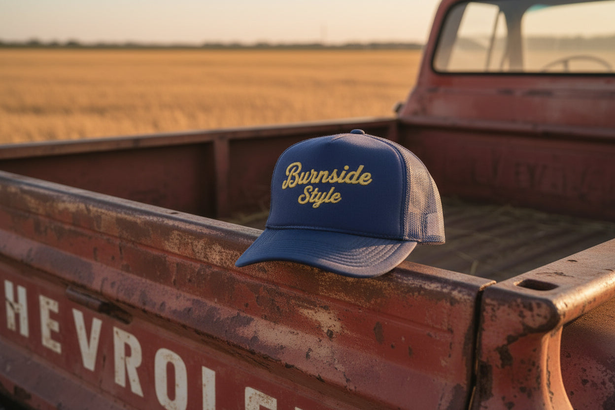 A navy blue trucker hat with 'Burnside Style' embroidered in gold cursive script on the front, set against a plain white background.