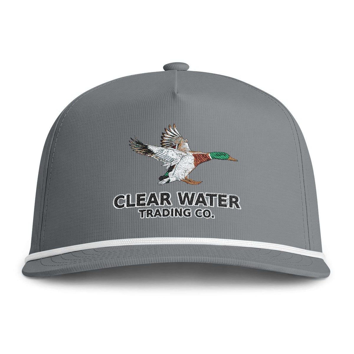 A slate blue snapback cap featuring a white stripe along the edge of the brim and a central embroidered nautical compass design with a blue wave and gold/yellow details.