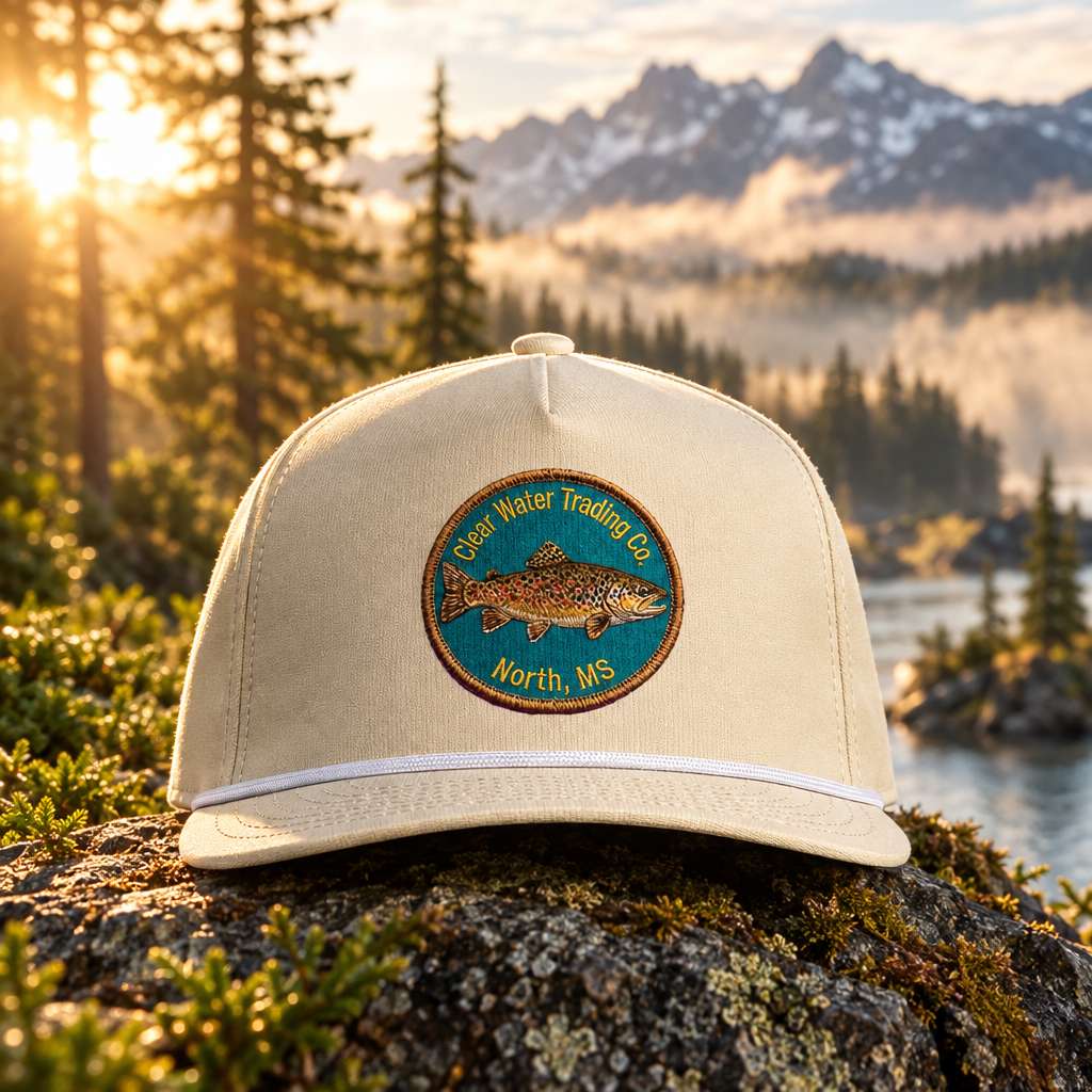 A beige baseball cap with a circular embroidered patch on the front featuring a trout and the text 'Clear Water Trading Co' and 'North, MS'.
