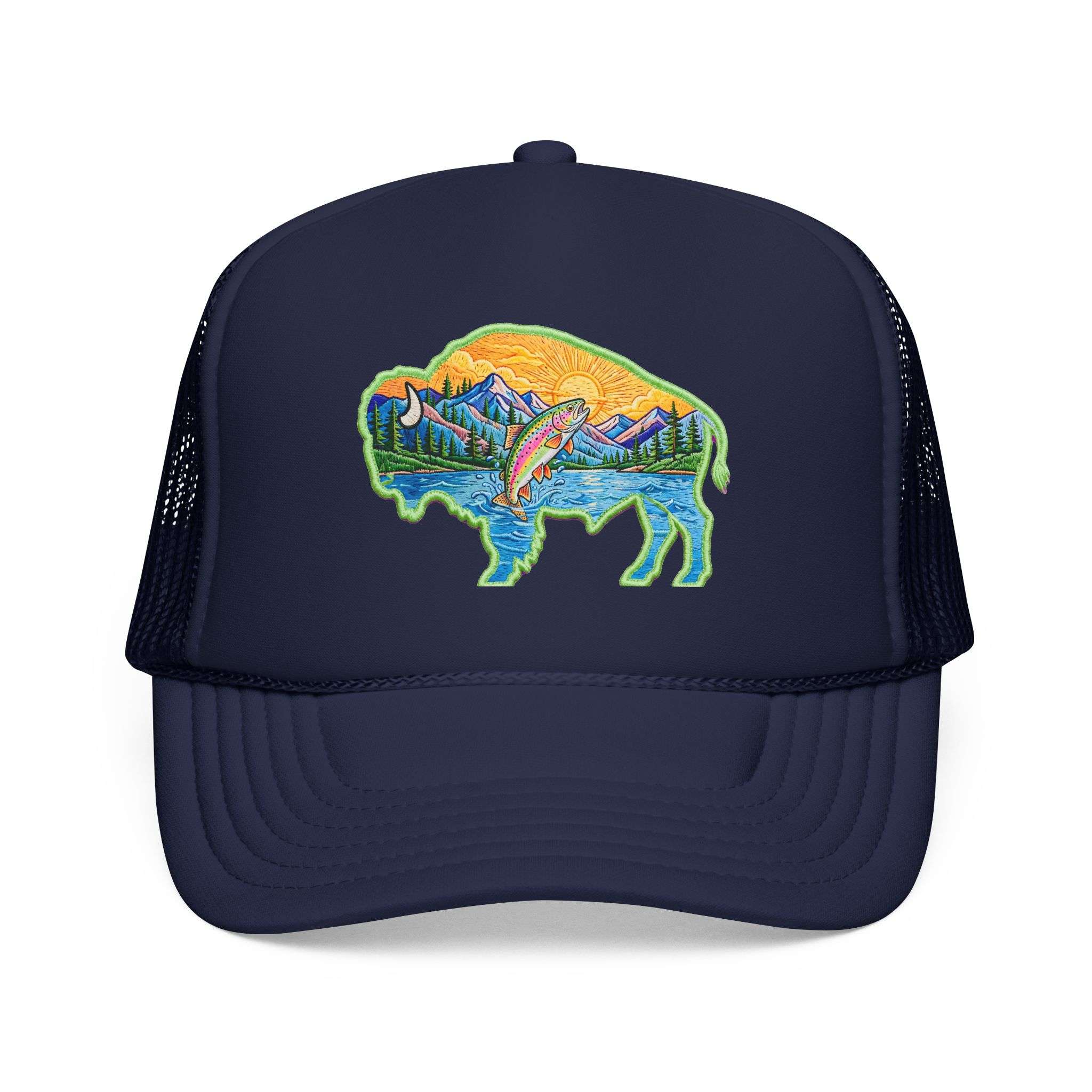 Sunset Buffalo Mountain Trucker Hat — Scenic Buffalo & Trout Patch Foam Hat